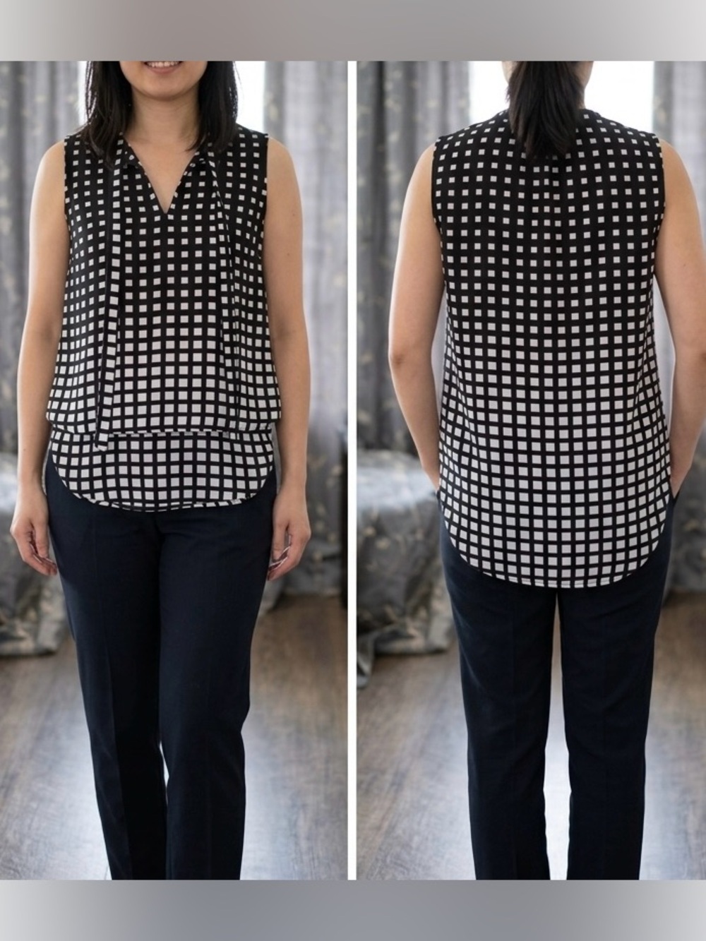 XOXO Black and White Sleeveless Checkered V-Neck Blouse